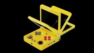 ANBERNIC RG 34XXSPがヒンジで角度が変わる様子。背景黒。