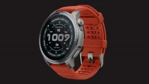 Amazfit Balance 2 本体オレンジのバンド。背景は黒。