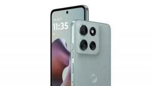 moto g66j 5G 本体 グレーミスト 前面と背面が並んでいる。